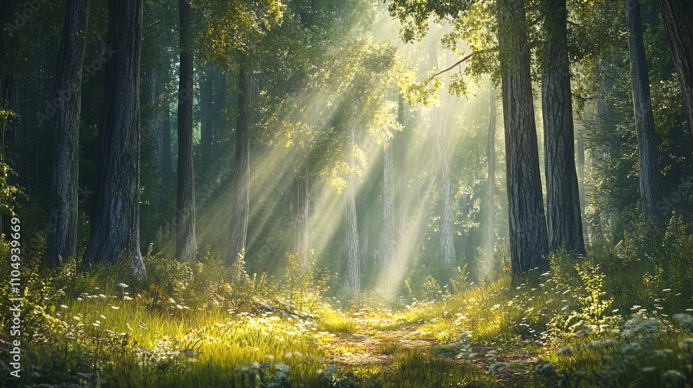 Fototapeta premium A sun-drenched forest scene filled with tall trees and shafts of light filtering through the leaves. The gentle beams illuminate a narrow path winding through lush greenery, including vibrant grass an