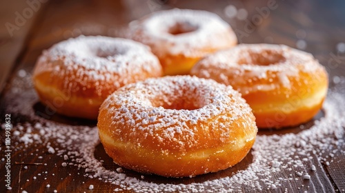 Donuts with powdered sugar on a wooden surface