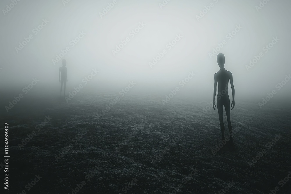 Two figures stand in foggy, dark landscape. Two figures stand in foggy, dark landscape.