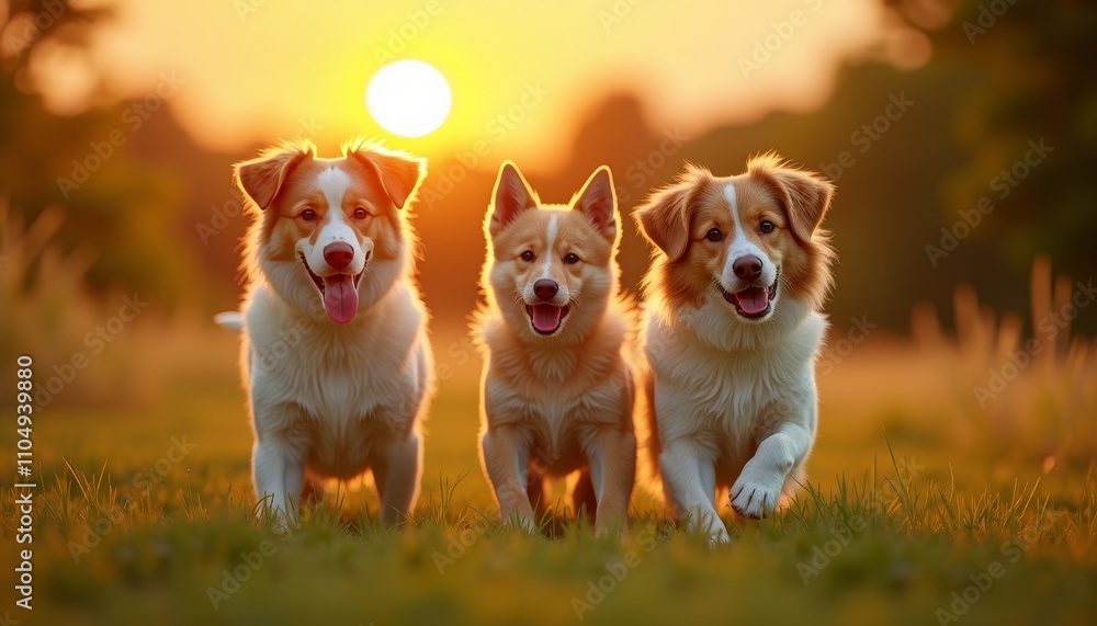 Three happy dogs in a field at sunset Three happy dogs in a field at sunset