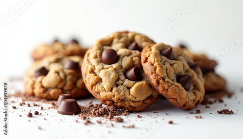 Chocolate chip cookies on white surface with crumbs