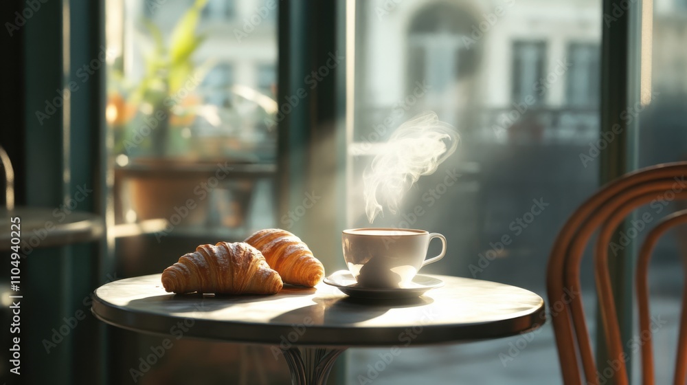 Morning cafe scene with a steaming coffee cup and croissant Morning cafe scene with a steaming coffee cup and croissant