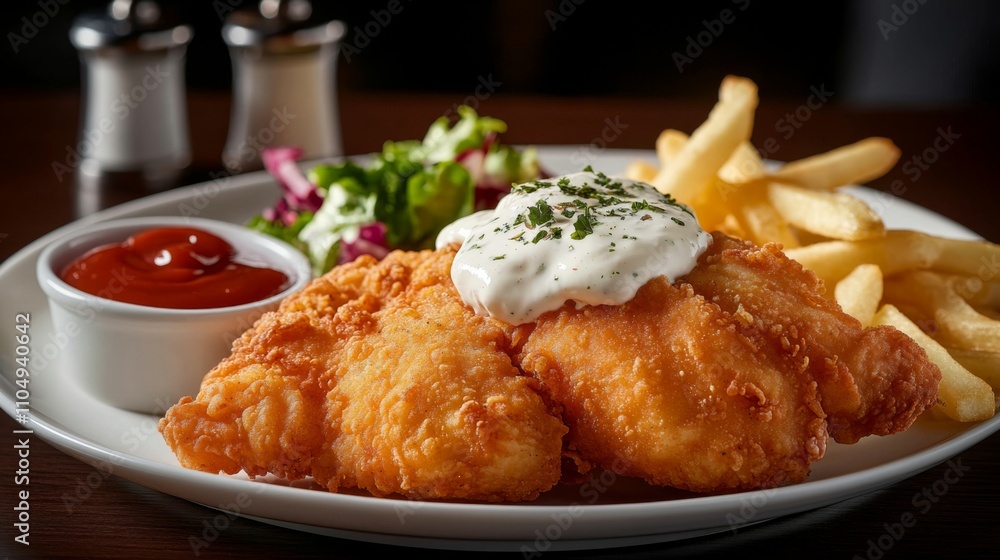 Plate food wooden table is white round it chicken schnitzel Parmigiana Plate food wooden table is white round it chicken schnitzel Parmigiana