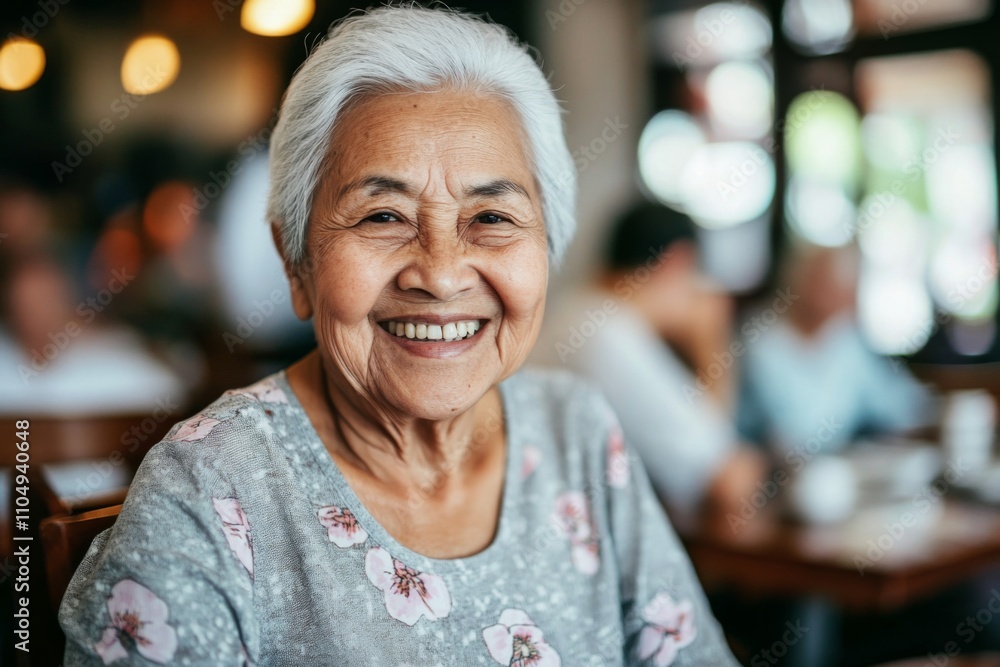 Portrait elderly Asian woman sitting table restaurant She Smiling Portrait elderly Asian woman sitting table restaurant She Smiling