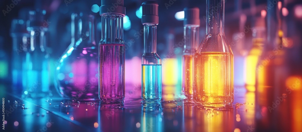 Closeup of colorful liquids in glass vials on a table. Closeup of colorful liquids in glass vials on a table.