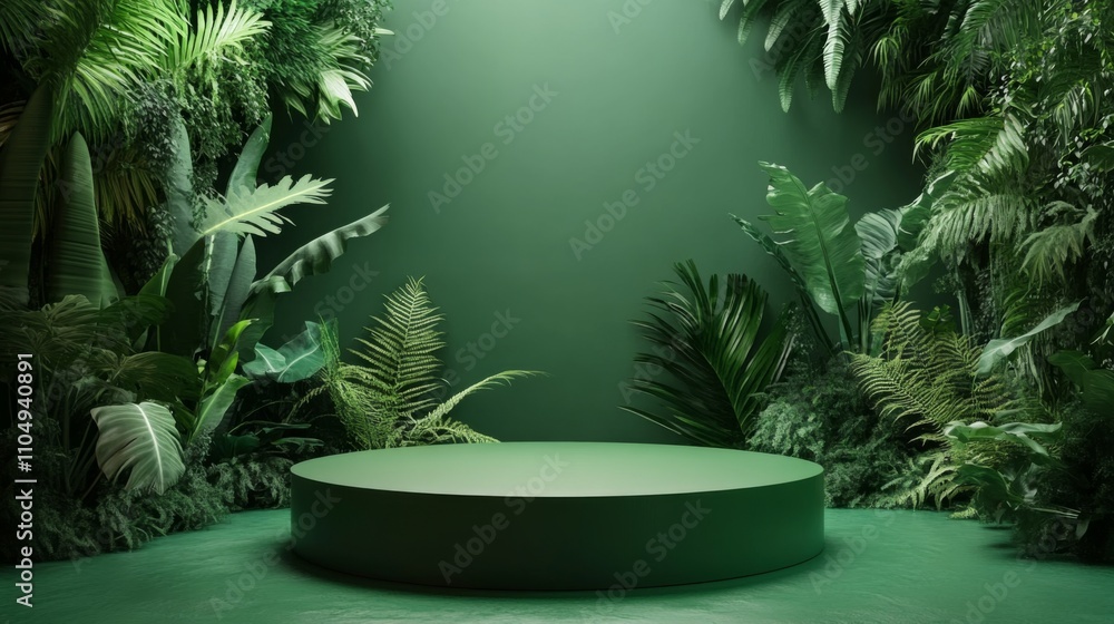 Round circular platform center room green wall background podium in tropical Round circular platform center room green wall background podium in tropical