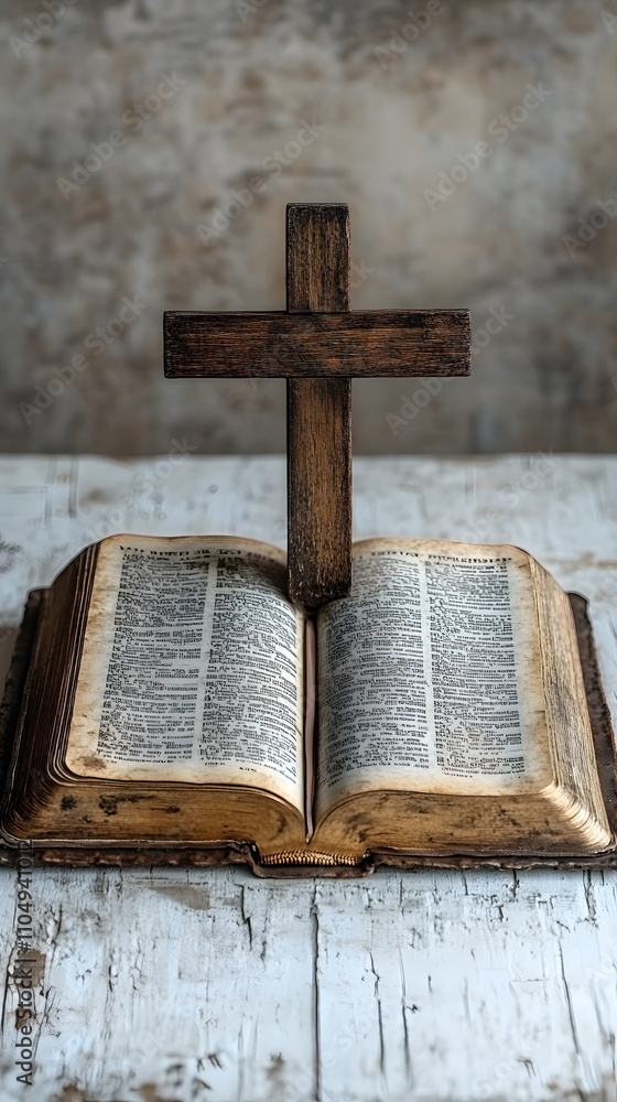 Photo of a wooden cross on an open Bible placed against a white wood background, serving as a web banner with copy space on the right. Minimalist composition with high-definition quality.
Photo of a wooden cross on an open Bible placed against a white wood background, serving as a web banner with copy space on the right. Minimalist composition with high-definition quality.