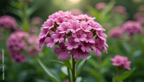 A cluster of vibrant pink wildflowers in a field