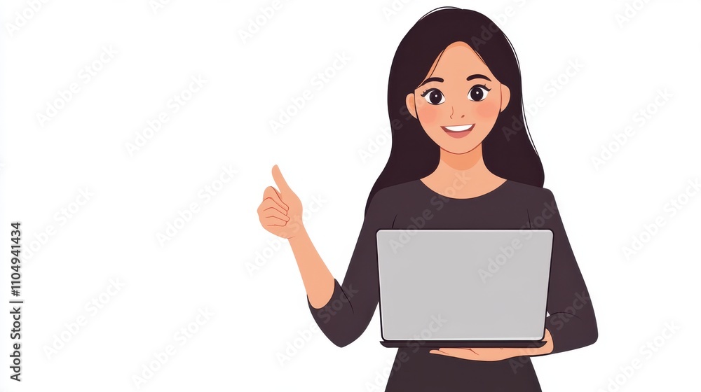 Professional Asian businesswoman holding a laptop, pointing Professional Asian businesswoman holding a laptop, pointing