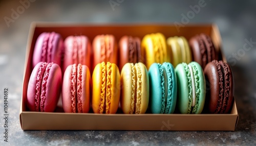 Sweet box of colorful macarons on gray table photo