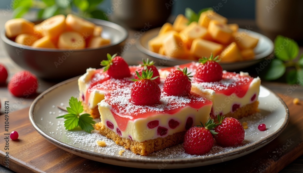 Delicious strawberry cheesecake slices on plate Delicious strawberry cheesecake slices on plate
