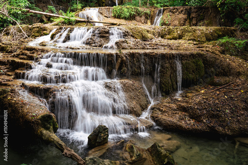 Landscape view of Erawan waterfall Kanchanaburi Thailand. Erawan National Park is most popular falls in Thailand.