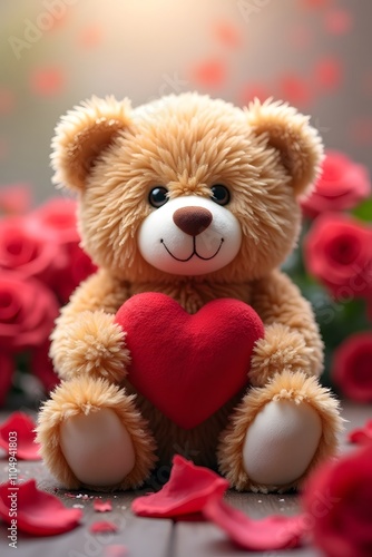 Tender Teddy Bear Holding Heart Among Scattered Rose Petals