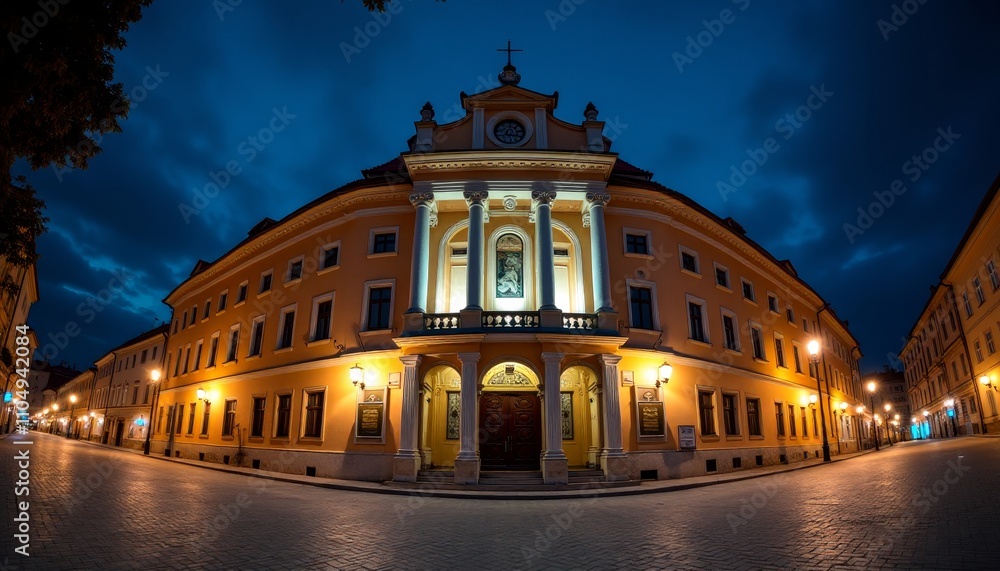 Brightly lit yellow building; Tall clock tower with cross; Elegant pillars on grand Brightly lit yellow building; Tall clock tower with cross; Elegant pillars on grand