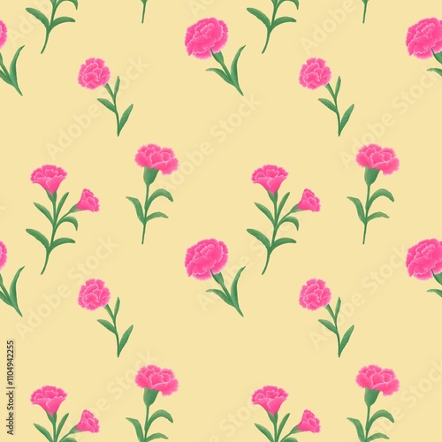 Seamless pattern with pink carnations On yellow background