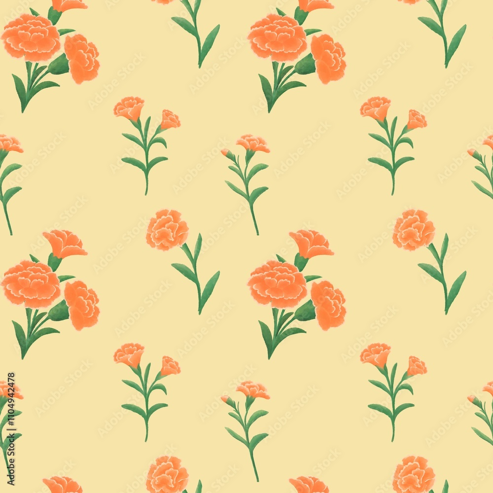 Seamless pattern with Orange carnations On yellow background Seamless pattern with Orange carnations On yellow background