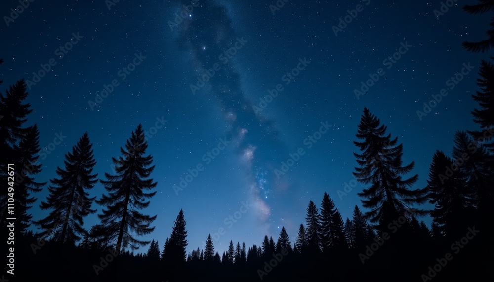 Dark night sky filled with stars over silhouetted pine trees Dark night sky filled with stars over silhouetted pine trees