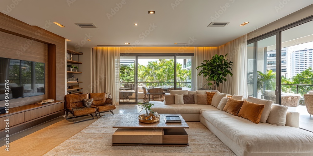 Modern Living Room With Sectional Sofa And Balcony View Modern Living Room With Sectional Sofa And Balcony View