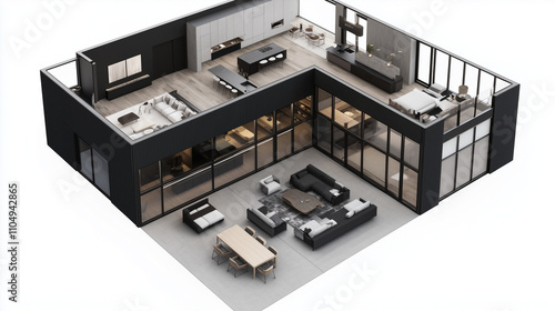 Modern Multi-Level Floor Plan Isometric View with Minimalist Design