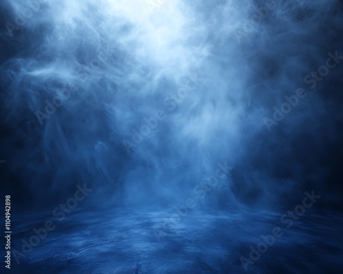 dark blue foggy background with light on the floor and mystical smoke in the room perfect for an eerie