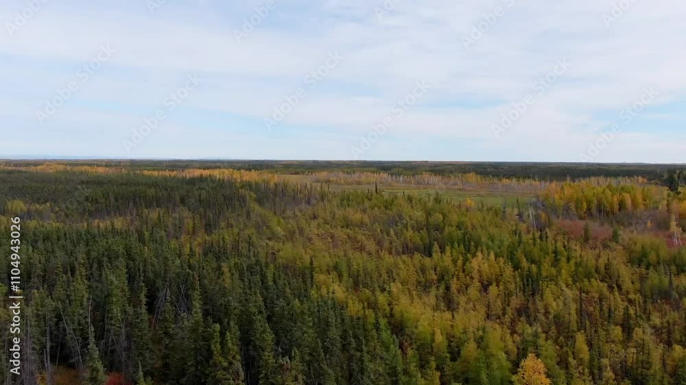 Aerial shots of Alaska's vast fall landscapes, blending sunny and cloudy skies with bright foliage Aerial shots of Alaska's vast fall landscapes, blending sunny and cloudy skies with bright foliage