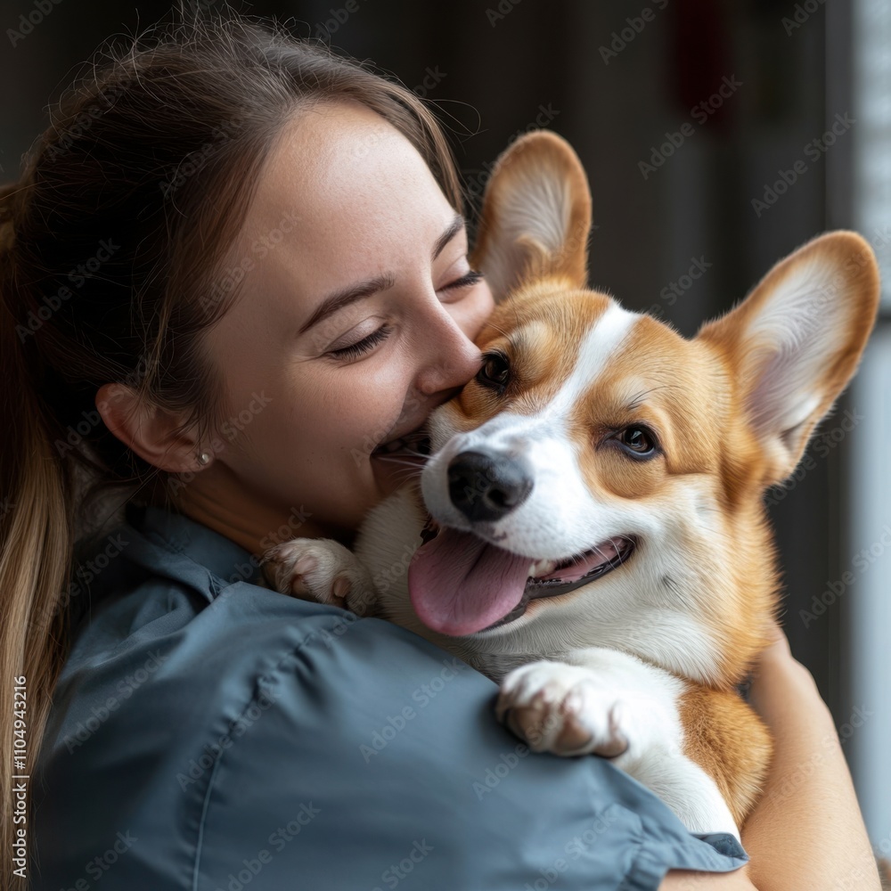 Smiling veterinarian hugging a Pembroke Welsh Corgi, Smiling veterinarian hugging a Pembroke Welsh Corgi,
