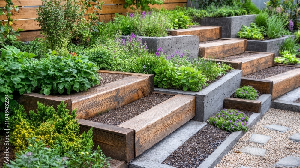 Modern Elevated Garden Steps with Wooden Planters Modern Elevated Garden Steps with Wooden Planters