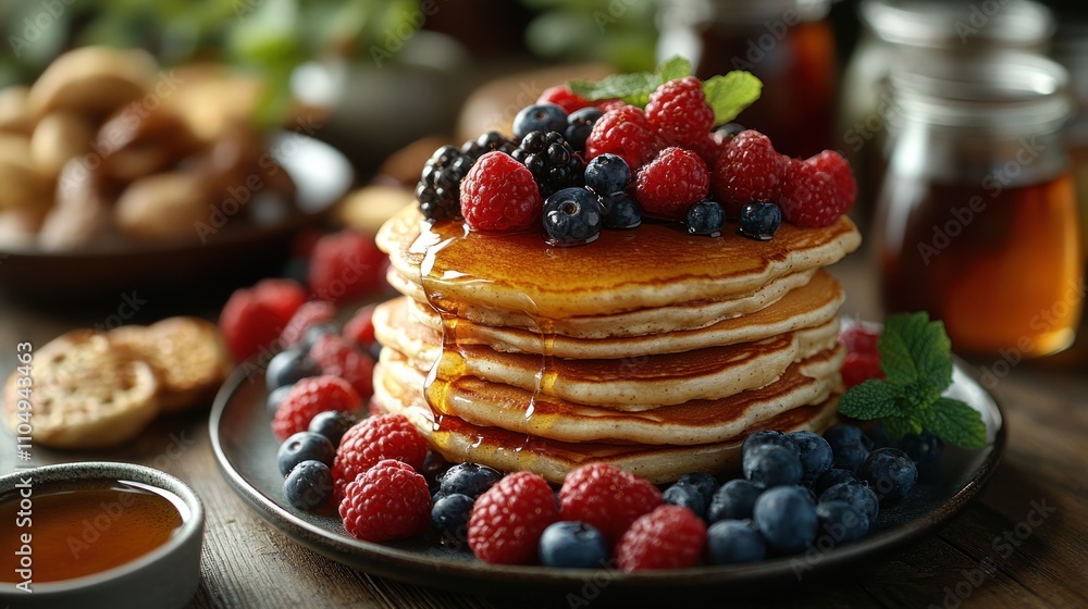 A stack of golden pancakes drizzled with honey and topped with fresh raspberries, blueberries, and blackberries. A stack of golden pancakes drizzled with honey and topped with fresh raspberries, blueberries, and blackberries.