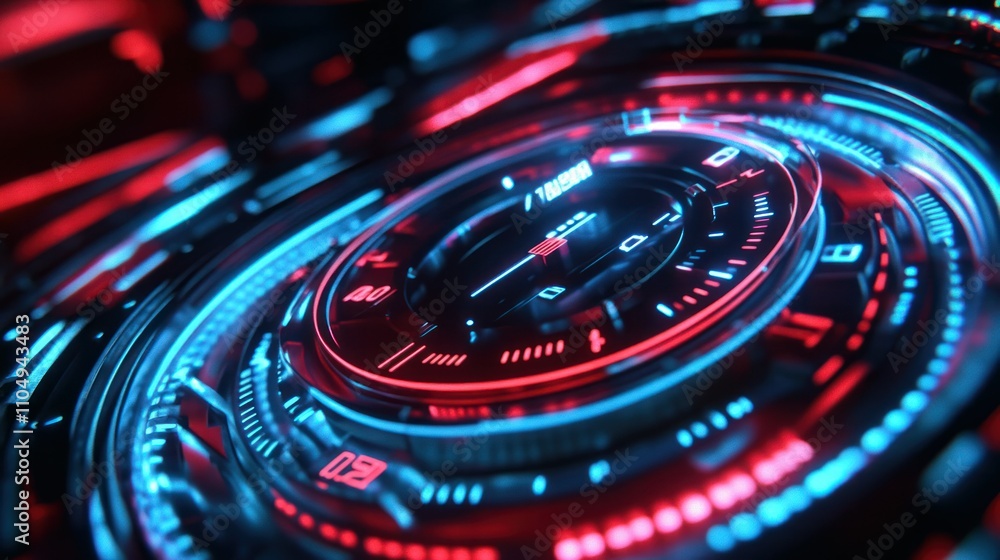 Close-up futuristic neon speedometer with vibrant red and blue lights, showcasing advanced technology and high-performance aesthetics Close-up futuristic neon speedometer with vibrant red and blue lights, showcasing advanced technology and high-performance aesthetics