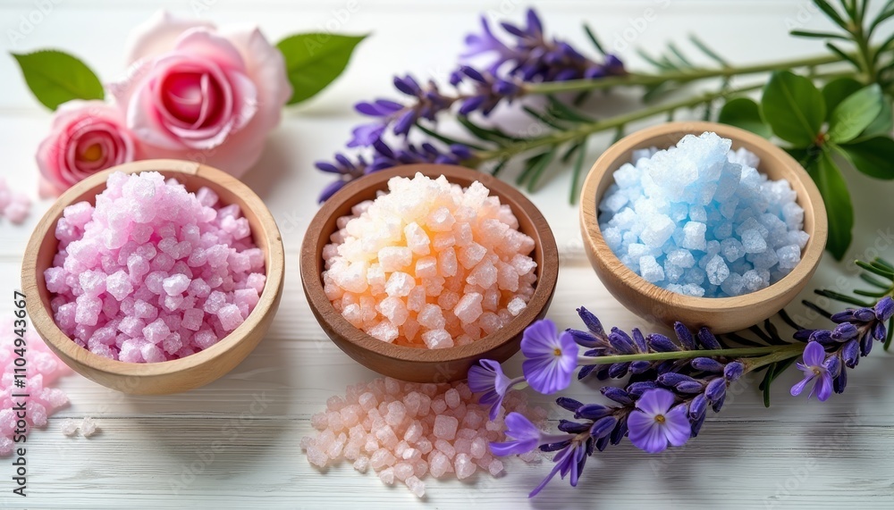 Three scented salts in wooden bowls with flowers and herbs Three scented salts in wooden bowls with flowers and herbs