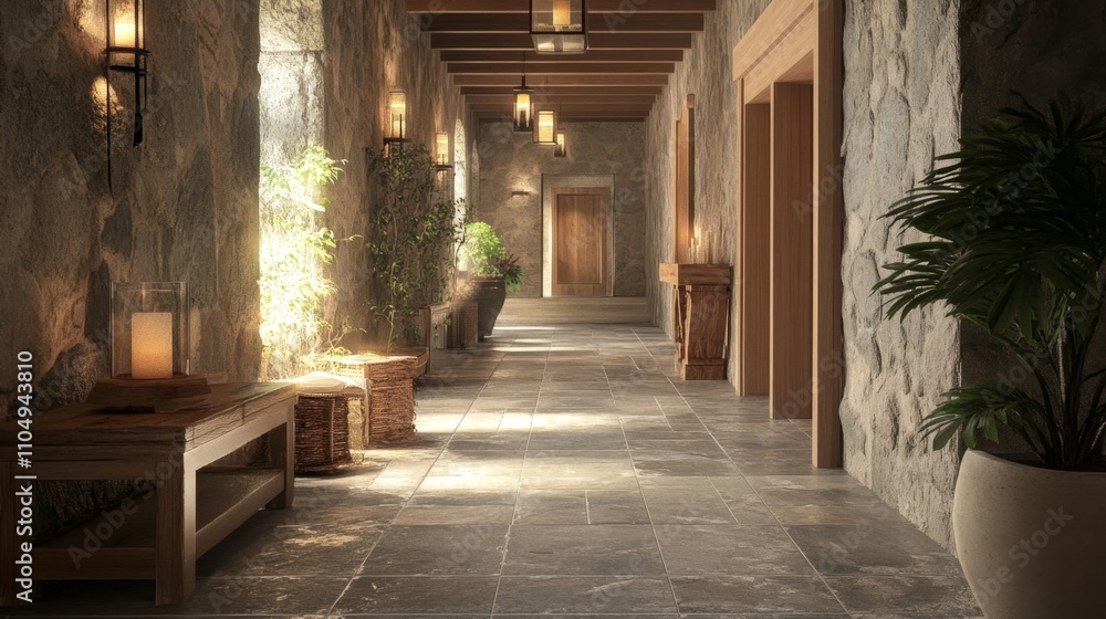 Rustic Stone Hallway with Warm Lighting Rustic Stone Hallway with Warm Lighting