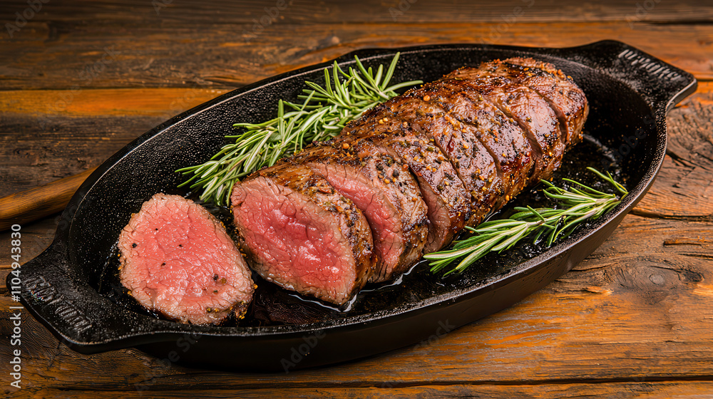 Juicy medium rare beef steak garnished with fresh rosemary Juicy medium rare beef steak garnished with fresh rosemary