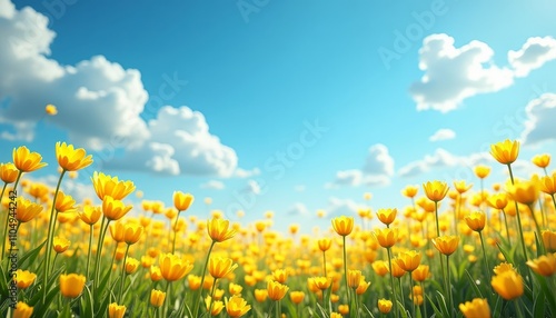 Yellow flowers bloom in a field against a blue sky with white clouds