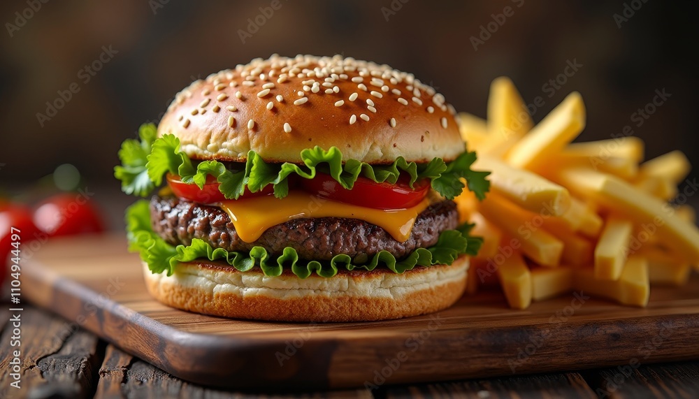 A juicy cheeseburger with lettuce and tomato on a sesame seed bun A juicy cheeseburger with lettuce and tomato on a sesame seed bun
