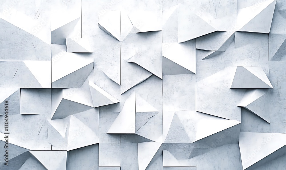 A detailed view of a textured, white geometric surface formed by numerous folded paper shapes, showcasing A detailed view of a textured, white geometric surface formed by numerous folded paper shapes, showcasing