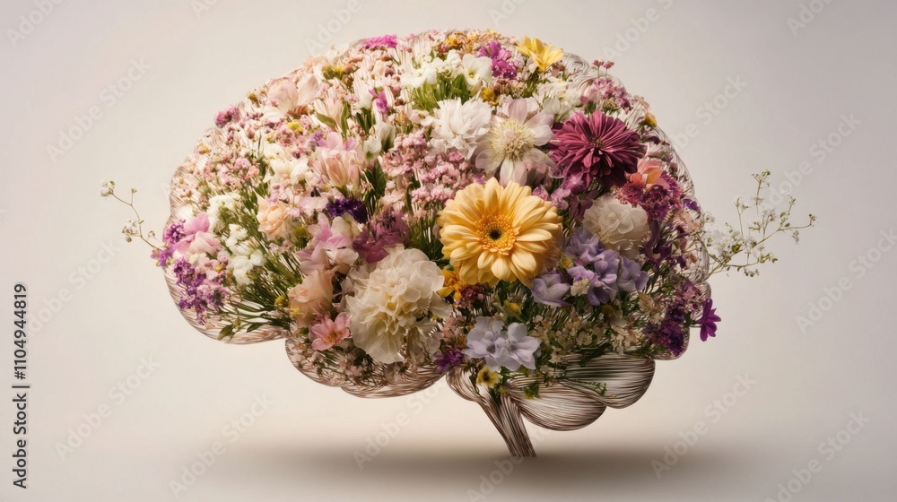 Naklejka premium Brain Shaped Arrangement of Colorful Flowers for Creative Concepts