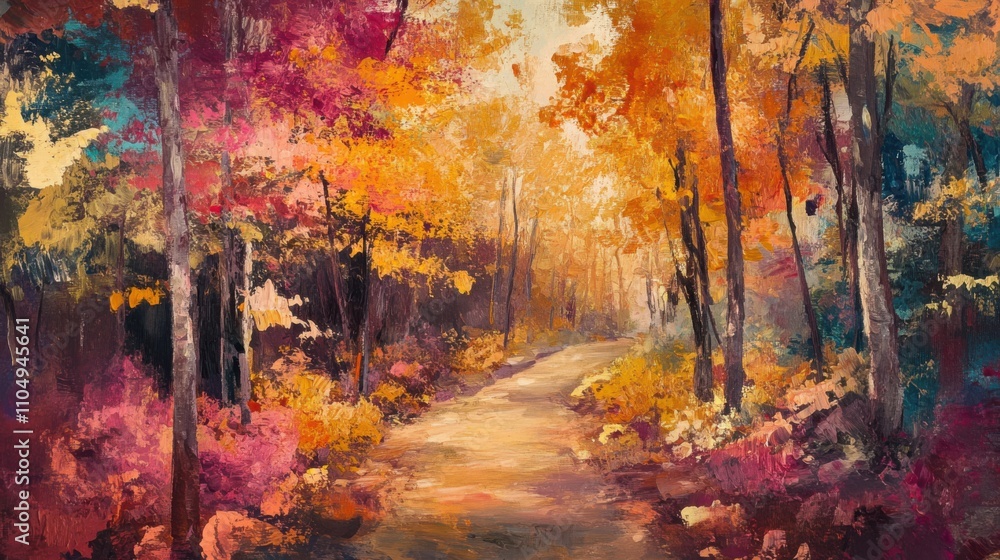 Walking path through an autumn forest filled with golden leaves Walking path through an autumn forest filled with golden leaves