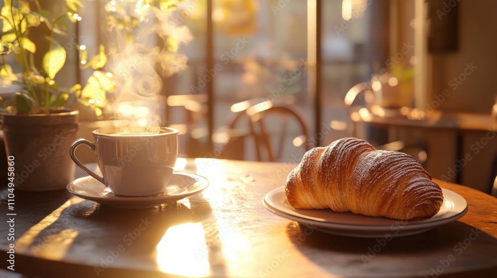 Warm cafe setting with a steaming cup of coffee and a fresh, Warm cafe setting with a steaming cup of coffee and a fresh,