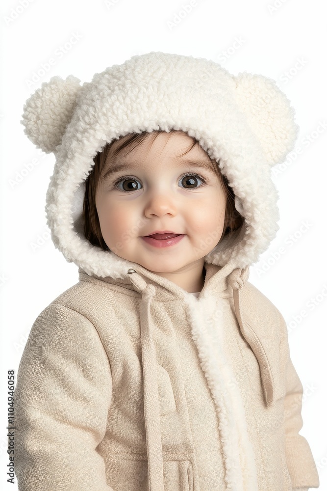 Smiling baby wearing fluffy, beige hooded coat. Smiling baby wearing fluffy, beige hooded coat.