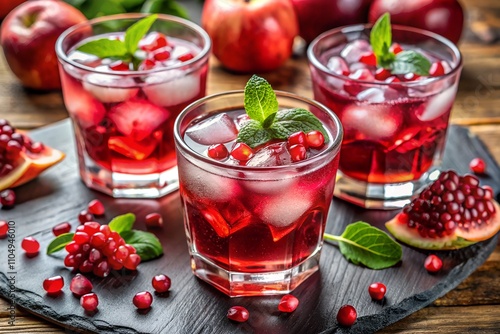 Refreshing pomegranate drinks with ice cubes