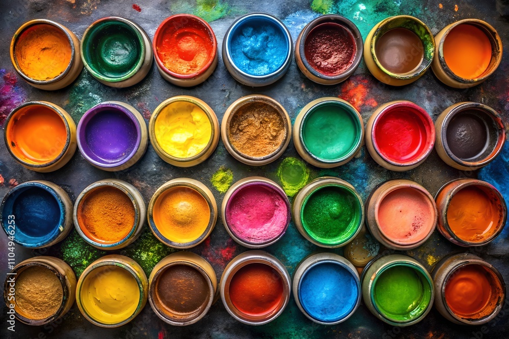 A vibrant arrangement of paint pots in various colors, showcasing creativity and artistic potential on a dark surface. A vibrant arrangement of paint pots in various colors, showcasing creativity and artistic potential on a dark surface.
