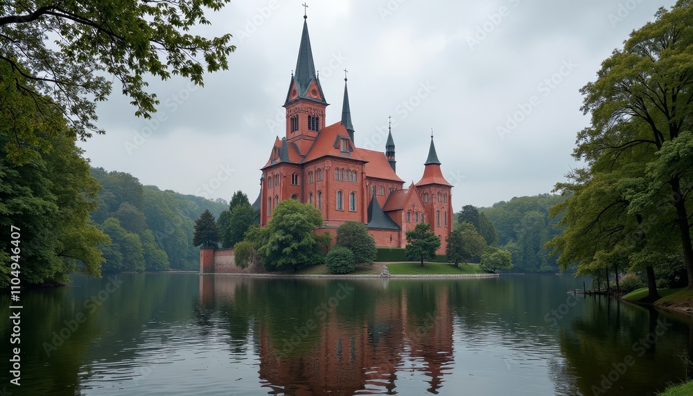 Castle reflection in the water, serene landscape with trees and a large body of water Castle reflection in the water, serene landscape with trees and a large body of water