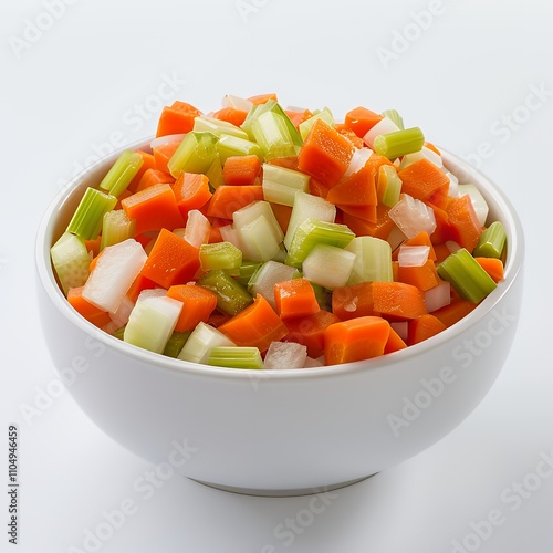 A bowl of diced vegetables including carrots, celery, and onions for cooking or salads.