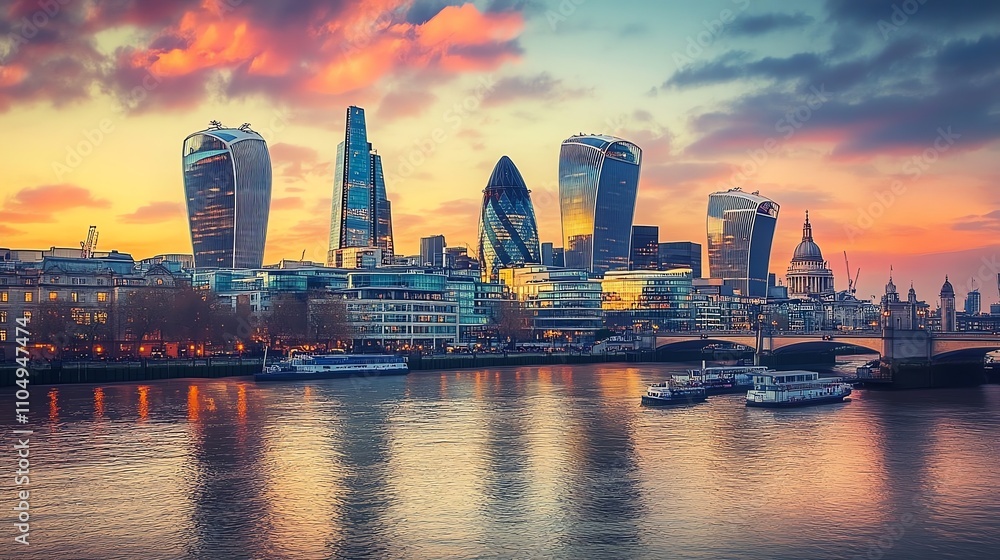 Fototapeta premium London skyline with skyscrapers at sunset.