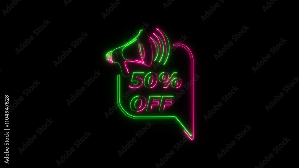 Glowing neon 50 percent OFF Sale Discount Banner with megaphone. Discount offer price tag. 50 percent discount promotion flat icon. Glowing neon 50 percent OFF Sale Discount Banner with megaphone. Discount offer price tag. 50 percent discount promotion flat icon.
