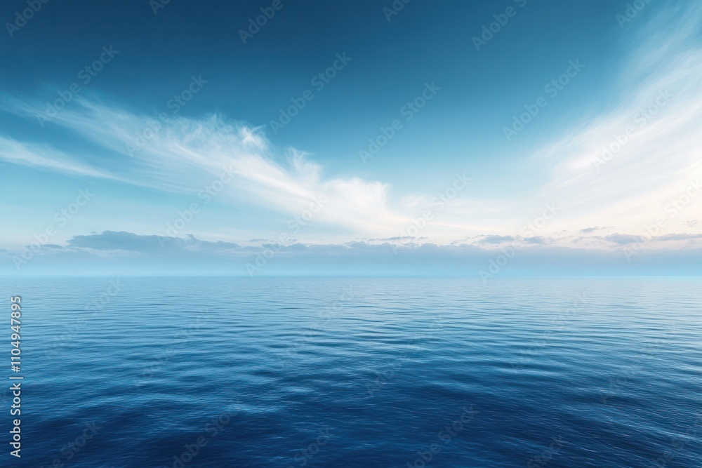 Fototapeta premium A vast expanse of blue ocean water with a wispy white cloud formation in a blue sky.