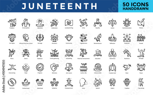 Juneteenth icon set with freedom, emancipation, liberation, celebration, juneteenth flag, unity, equality, justice, commemoration, history icon. Simple handdrawn vector 
