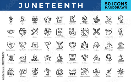 Juneteenth icon set with torch, light, candles, historical documents, proclamation, freedom fighters, galveston texas, genealogy icon. Simple handdrawn vector 
