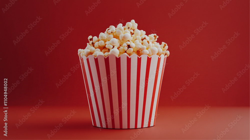 A striped paper container filled with fresh popcorn on a red background A striped paper container filled with fresh popcorn on a red background
