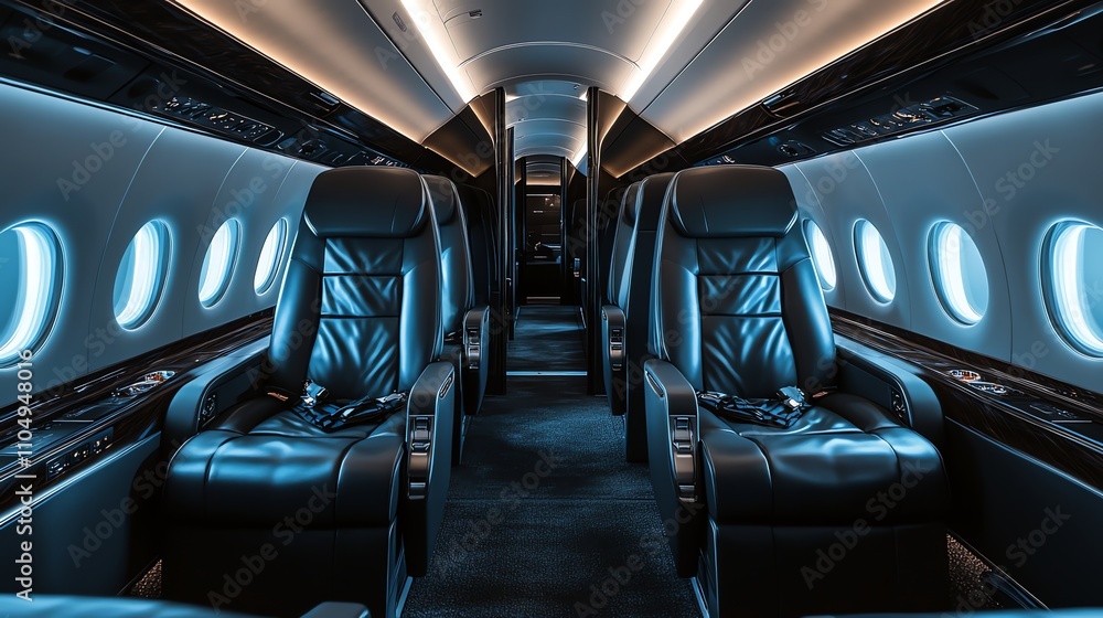 Fototapeta premium Empty, luxurious private jet cabin with black leather seats.